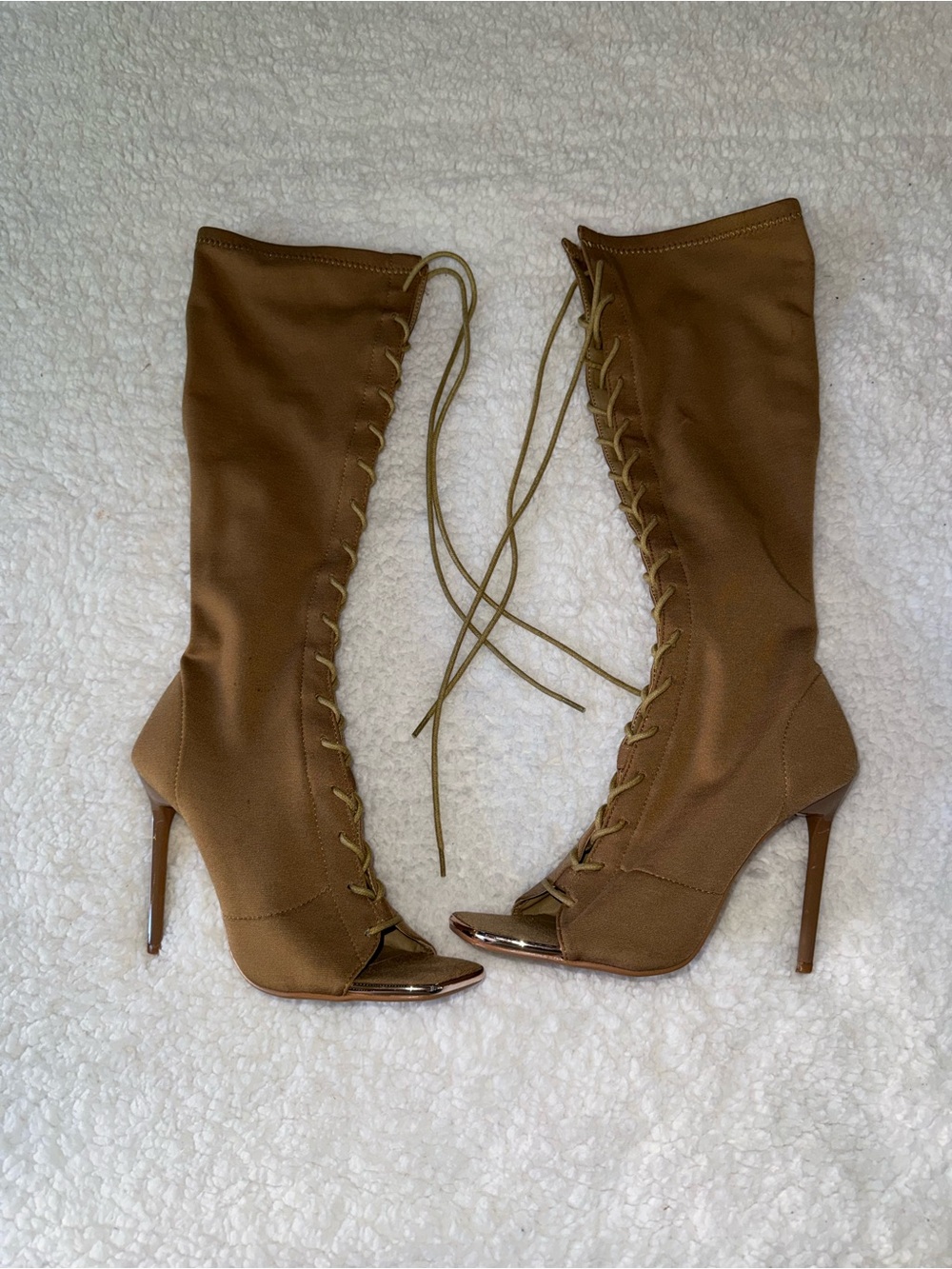 Lace-Up Peep-Toe Knee-High Heels in Brown